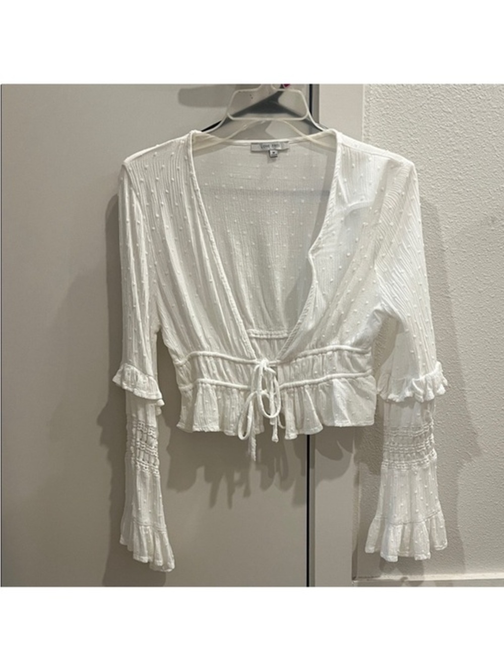 Love Tree White Tie-Front Ruffle Peasant Blouse
